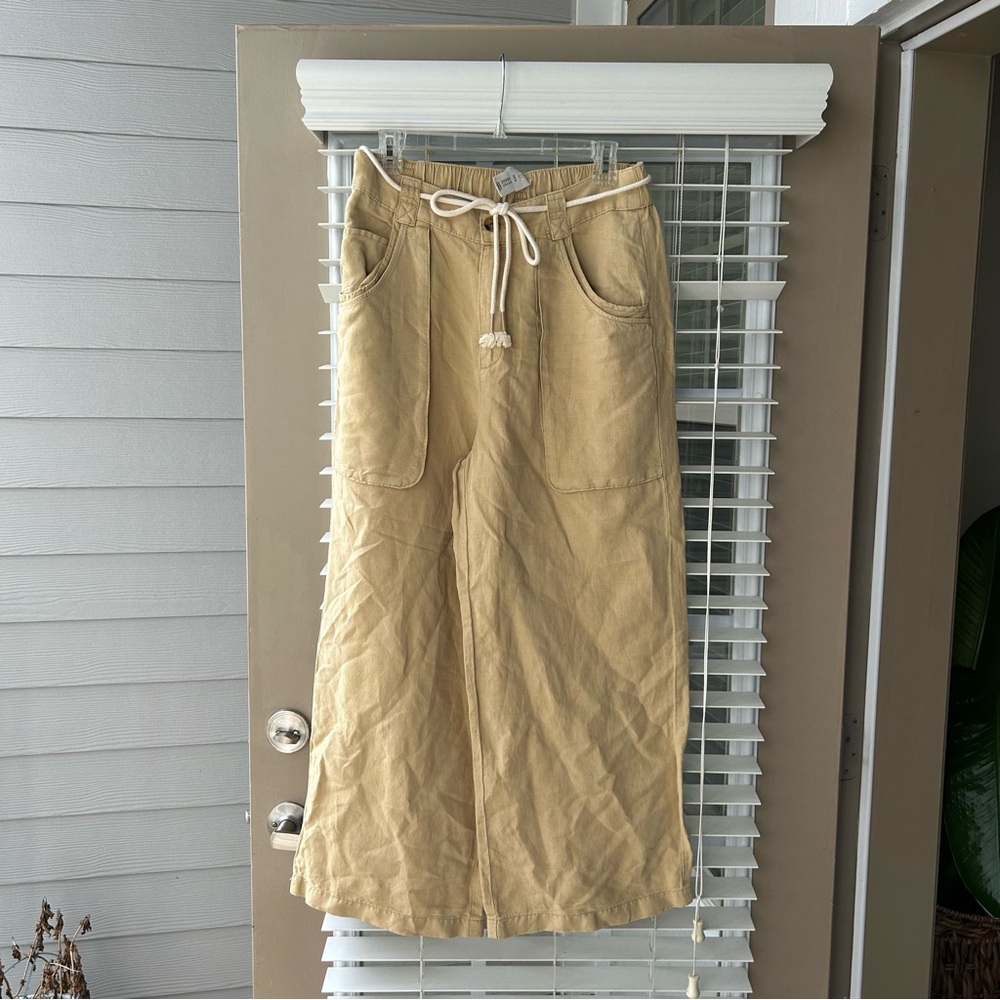 Tan Wide-Leg Linen Pants